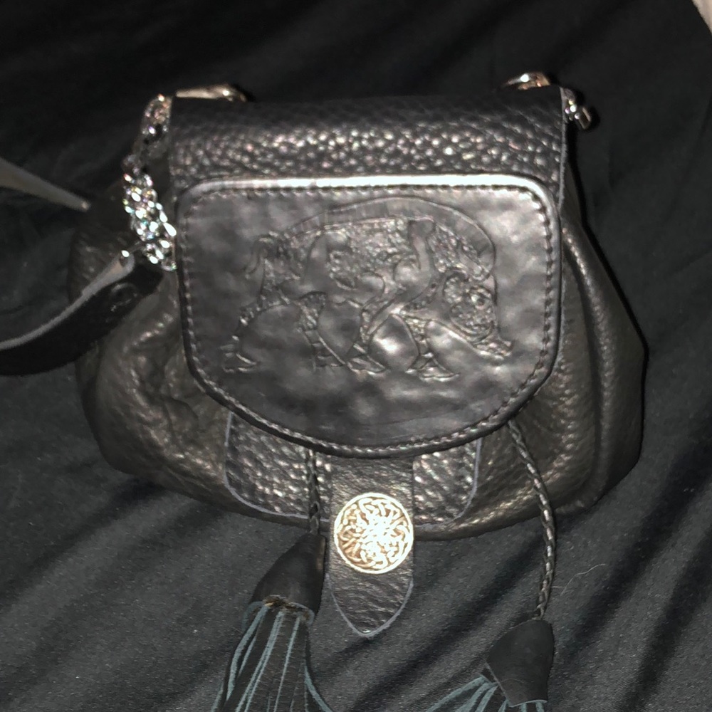 Black Leather Crossbody Bag with Tassels